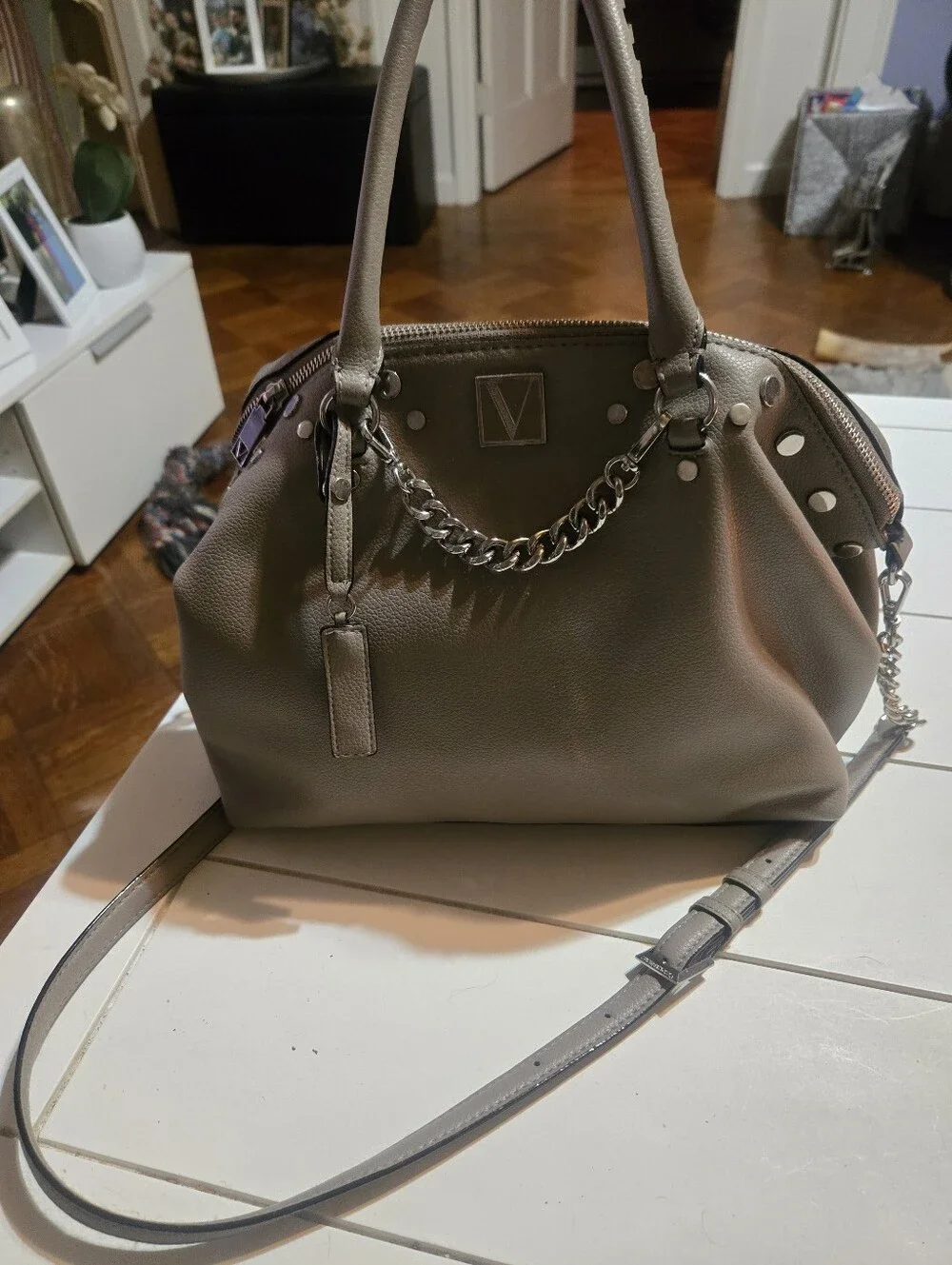 Taupe Leather Satchel with Chain Detail Nwot Victoria Secret Cross Body/ Shoulde